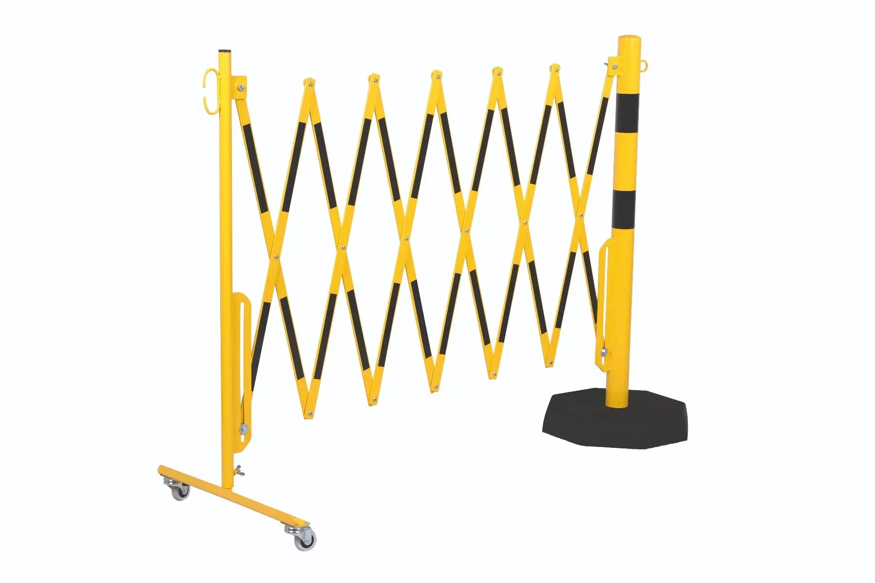 barrière extensible jaune-noir 3,6m avec poteau Ø60mm sur socle - France Collectivités