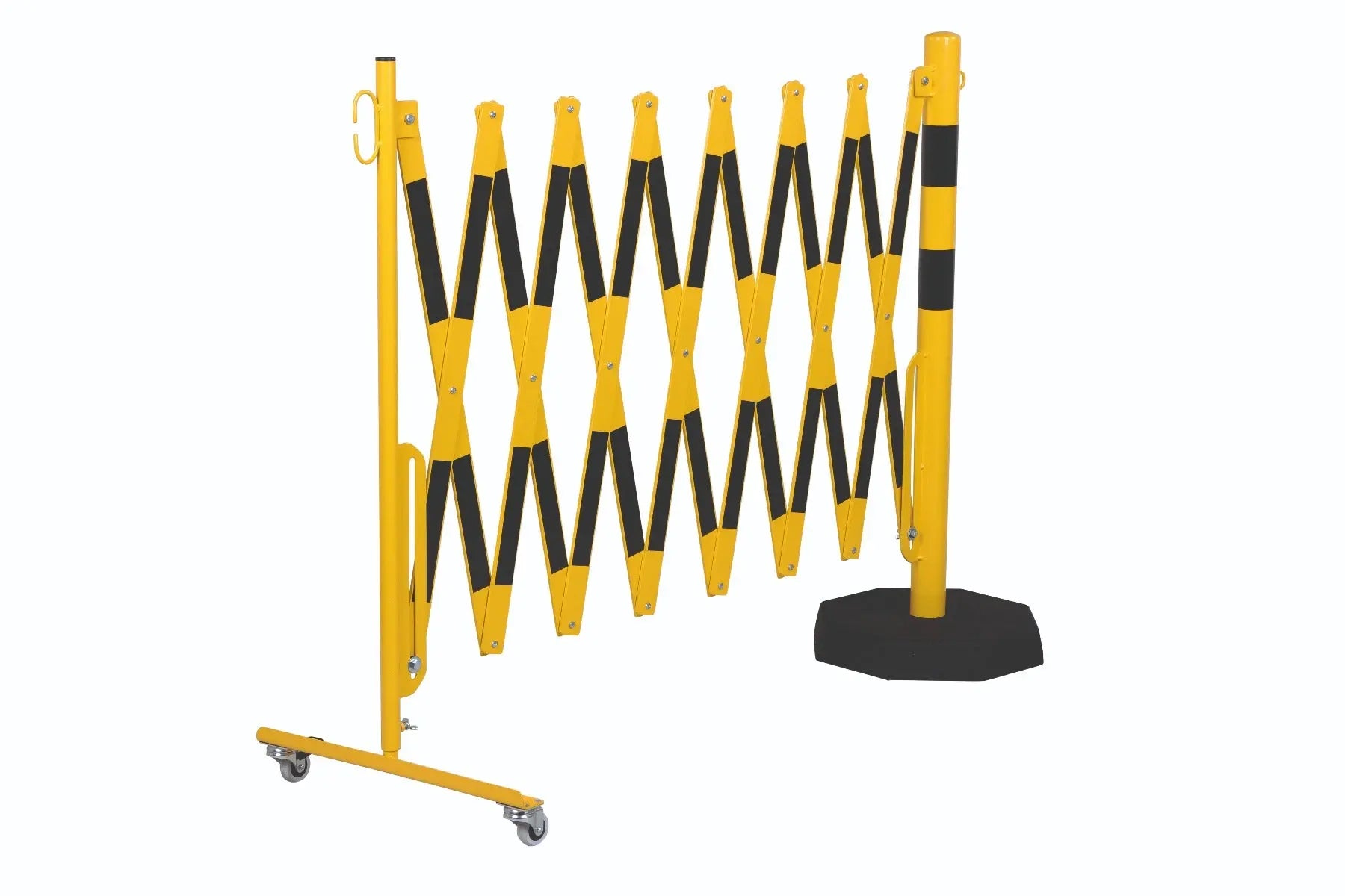 barrière extensible jaune-noir 4m avec poteau Ø60mm sur socle - France Collectivités