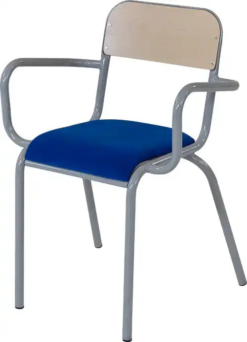 Fauteuil de professeur 85 à accoudoirs, assise rembourrée en tissu bleu