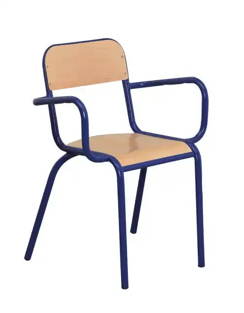 Fauteuil d'enseignant 85 piètement bleu violet, assise hêtre vernis