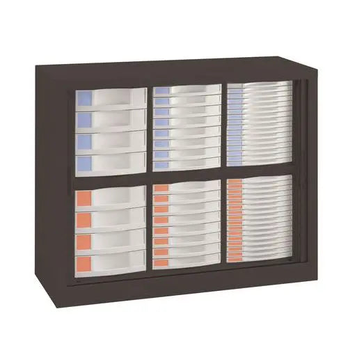 Vue de l'armoire à rideaux 56 tiroirs coloris corps anthracite RAL 7016 et tiroirs gris clair RAL 7035