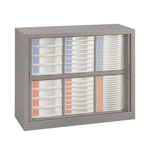Armoire à rideaux 56 tiroirs corps gris alu RAL 9006 et tiroirs gris clair RAL 7035 pour bureau de mairie ou d'entreprise