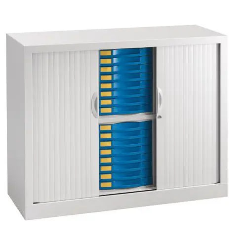 Armoire de classement à plat 56 tiroirs en finition corps gris clair RAL 7035 et tiroirs bleu RAL 5014