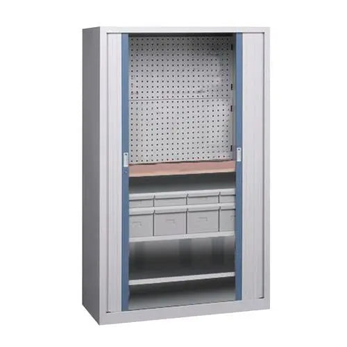Armoire d'atelier à bacs-tiroirs en finition gris clair, lames terminales bleu RAL 5014