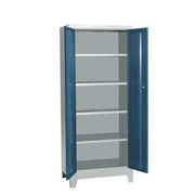 Armoire métallique monobloc sur pieds gris clair à portes bleues, 4 tablettes, H 1950 x L 800 mm