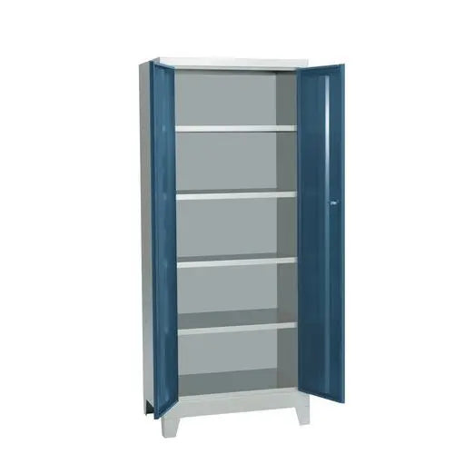 Armoire métallique monobloc sur pieds gris clair à portes bleues, 4 tablettes, H 1950 x L 800 mm