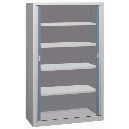 Armoire d'atelier à rideaux en finition gris clair, lames terminales bleu RAL 5014