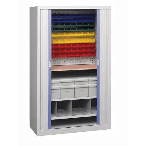 Armoire de maintenance à bacs-tiroirs en finition gris clair, lames terminales bleu RAL 5014
