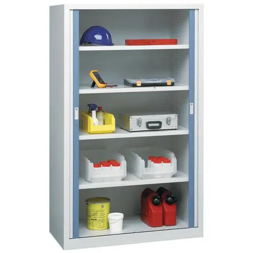 Armoire universelle à rideaux, lames terminales bleues, autre vue