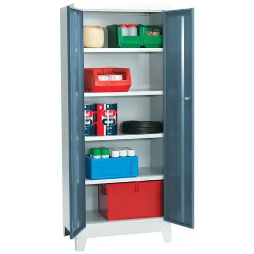 Armoire d'atelier 2 portes battantes ouvertes à 180°, tablettes acier amovibles
