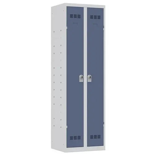 Vestiaire de service penderie + tablettes, coloris porte bleue sur corps gris, moraillon porte-cadenas