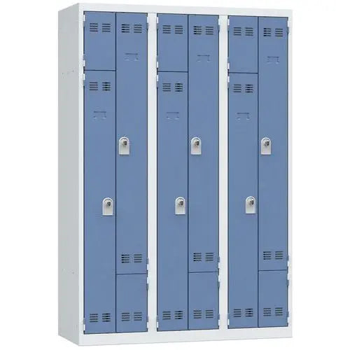 Vestiaire monobloc à portes en L bleues, 6 utilisateurs, largeur 1200 mm, version à cadenas