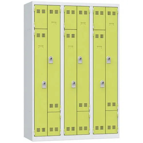Vestiaire compact en Z pour 6 personnes, portes vert anis sur corps gris clair, à cadenas