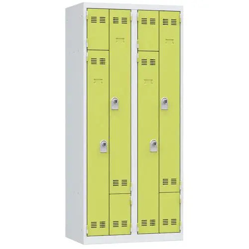 Vestiaire compact en Z pour 4 personnes, portes vert anis sur corps gris clair, à cadenas