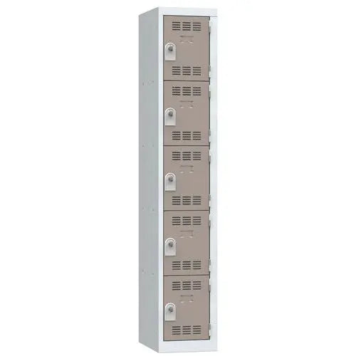 Casier vestiaire 5 portes taupe sur corps gris clair RAL 7035, largeur 300 mm, version à cadenas