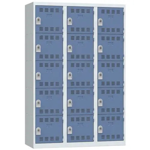 Vestiaire multicases Vinco 3 colonnes 1200 mm, 15 casiers portes bleues