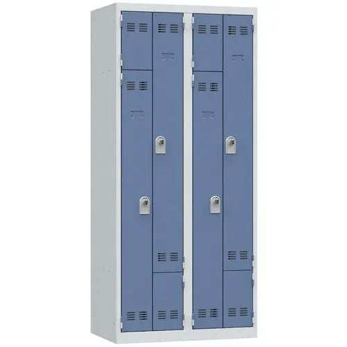 Vestiaire monobloc à portes en L bleues, 4 utilisateurs, largeur 800 mm, version à cadenas