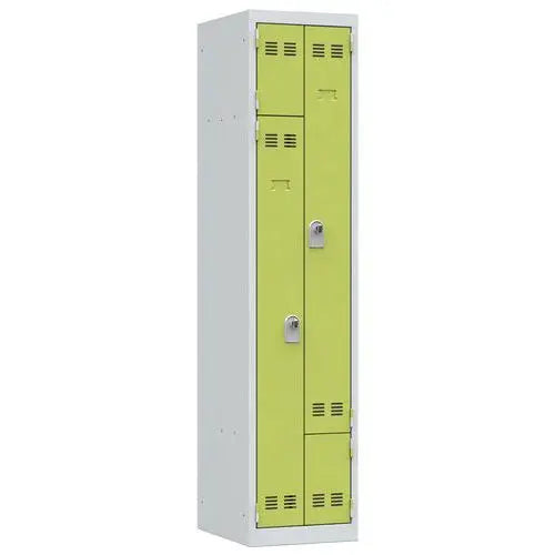 Vestiaire compact en Z pour 2 personnes, portes vert anis sur corps gris clair, à cadenas