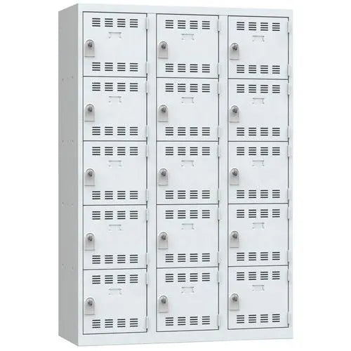 Consigne métallique 15 casiers individuels portes gris clair, 3 x 400 mm, à cadenas