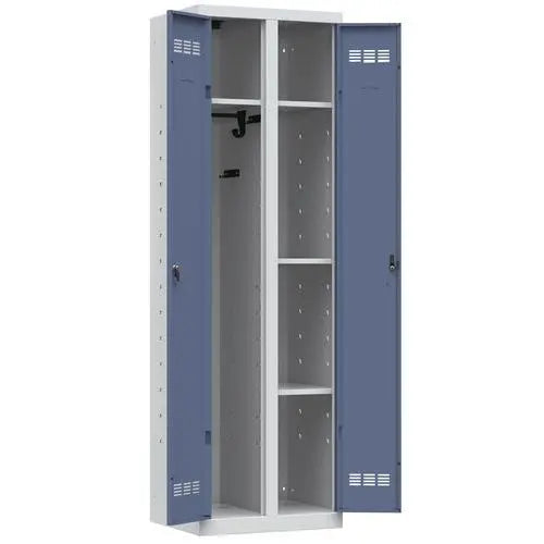 Vue de détail : armoire vestiaire 2 portes à demi-penderie, porte bleue sur corps gris, moraillon porte-cadenas