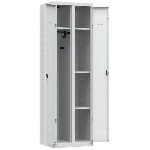 Autre vue : armoire métallique avec crochets à balais, tout gris clair RAL 7035, version à clé