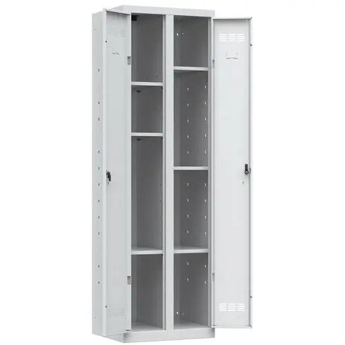 Détail de l'aménagement intérieur : armoire métallique tout rangement à 6 tablettes, tout gris clair RAL 7035, fermeture à clé