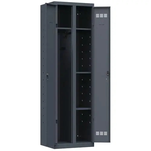 Détail de l'aménagement intérieur : armoire d'entretien penderie et rangement, anthracite RAL 7016, fermeture à clé