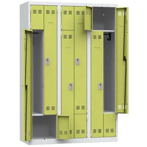 Vestiaire compact en Z pour 6 personnes, portes vert anis sur corps gris clair, à clé