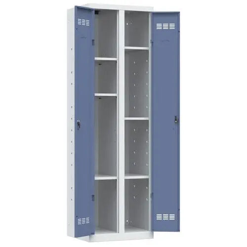 Armoire métallique tout rangement à 6 tablettes, coloris porte bleue sur corps gris, fermeture à clé