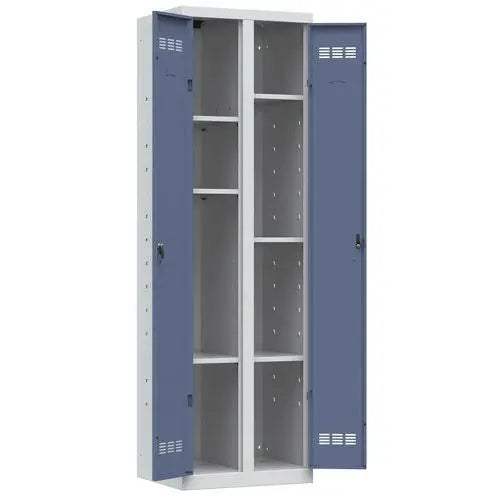 Vue de détail : armoire vestiaire 2 portes H 198 cm, porte bleue sur corps gris, moraillon porte-cadenas