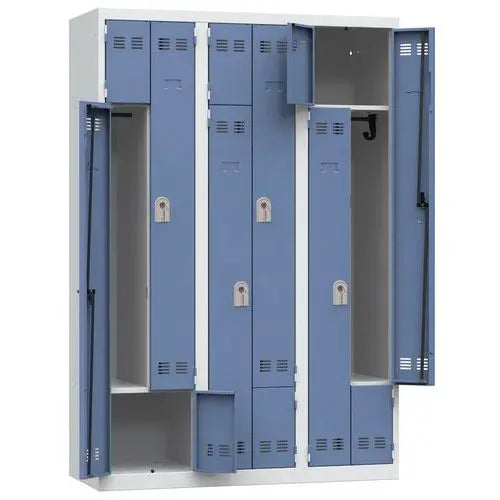 Vestiaire monobloc à portes en L bleues, 6 utilisateurs, largeur 1200 mm, version à clé