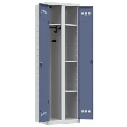 Armoire d'entretien penderie et rangement, coloris porte bleue sur corps gris, fermeture à clé