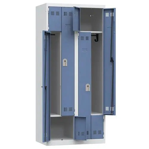 Vestiaire monobloc à portes en L bleues, 4 utilisateurs, largeur 800 mm, version à clé