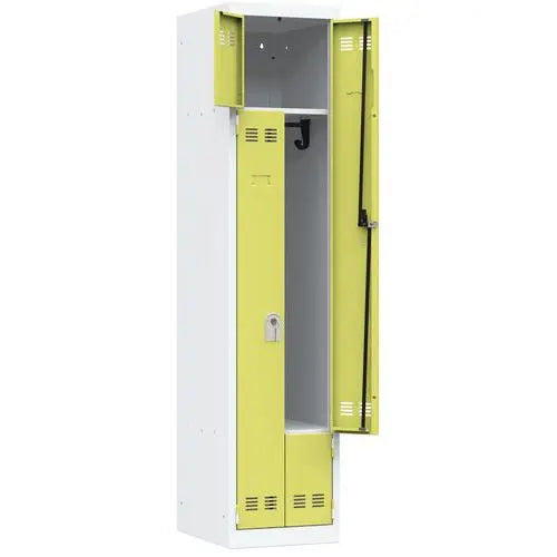 Vestiaire compact en Z pour 2 personnes, portes vert anis sur corps gris clair, à clé