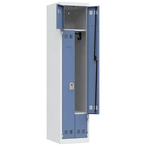 Vestiaire monobloc à portes en L bleues, 2 utilisateurs, largeur 400 mm, version à clé