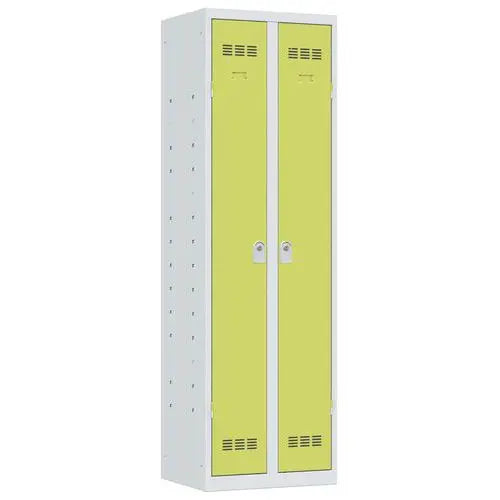 Armoire métallique avec crochets à balais Vinco, coloris porte vert anis sur corps gris, fermeture à clé