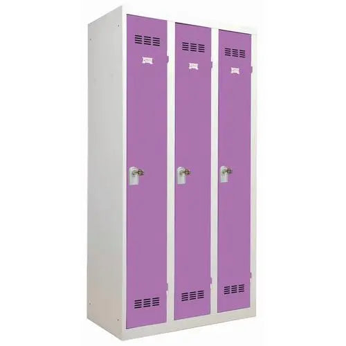 Vestiaire industriel 3 cases, portes prune, moraillon porte-cadenas