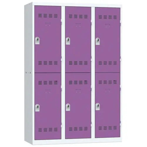 Consigne métallique 6 casiers individuels portes prune, 3 x 400 mm, à cadenas