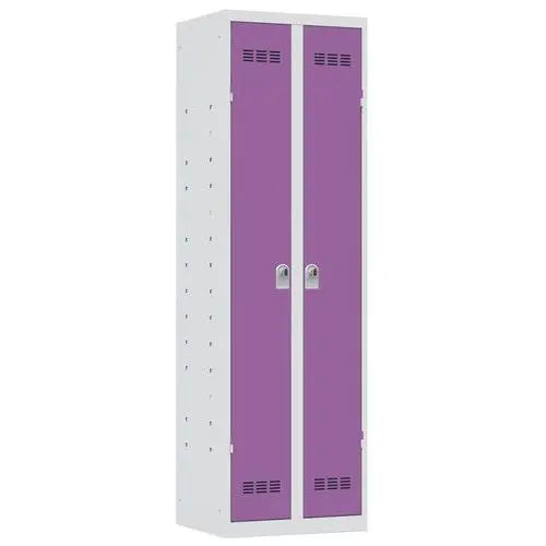 Armoire métallique tout rangement à 6 tablettes, coloris porte violet prune sur corps gris, version à cadenas