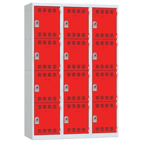 Vestiaire multicases 3 colonnes de 400 mm, 12 cases portes rouges, fermeture à cadenas