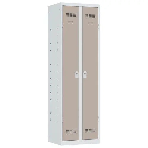 Armoire multiservices à tablettes réglables, coloris porte taupe sur corps gris, fermeture à clé