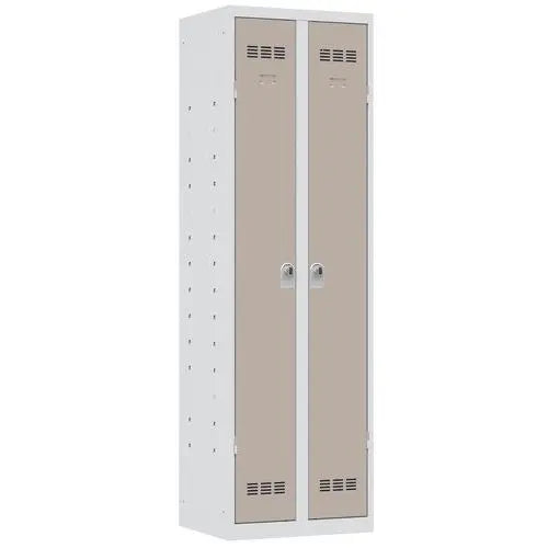 Armoire vestiaire 2 portes H 198 cm, coloris porte taupe sur corps gris, version à cadenas