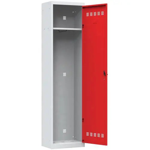 Vestiaire encombrement réduit H 198 cm, coloris porte rouge sur corps gris, fermeture à clé