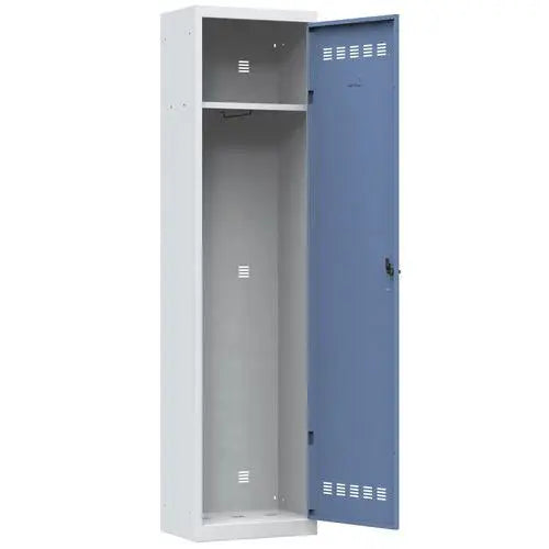 Détail de l'aménagement intérieur : vestiaire faible profondeur 35 cm, porte bleue sur corps gris, fermeture à cadenas