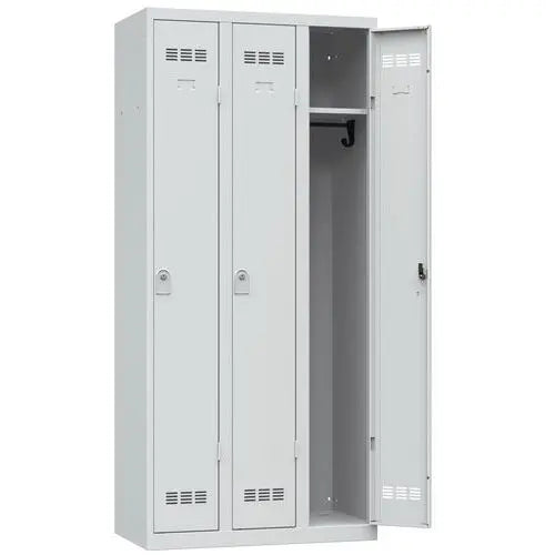 Vestiaire de bureau 3 colonnes de 300 mm, coloris gris clair RAL 7035, fermeture à clé