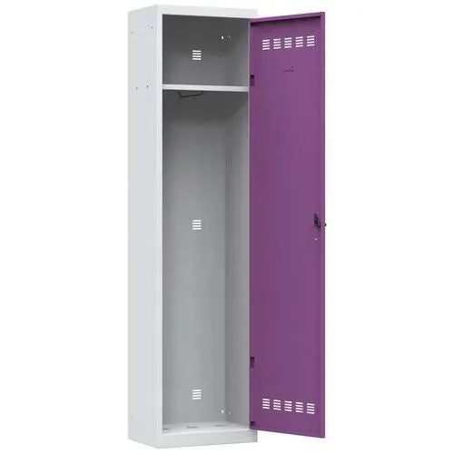 Vue de détail : vestiaire multiservices 1 colonne de 500 mm, porte violet prune sur corps gris, version à cadenas
