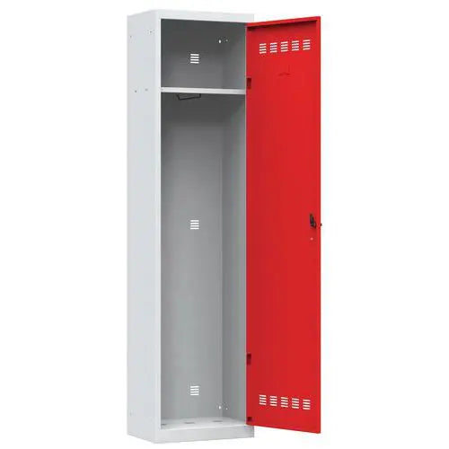 Autre vue : armoire vestiaire étroite 500 x 350 mm, porte rouge sur corps gris, version à cadenas