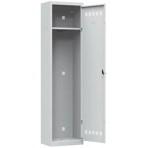 Vue de détail : vestiaire encombrement réduit H 198 cm, tout gris clair RAL 7035, moraillon porte-cadenas