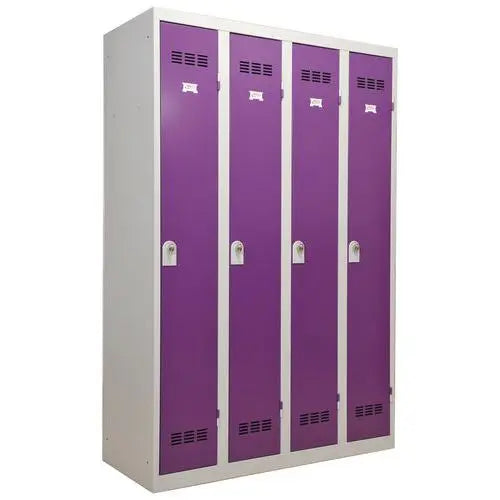 Vestiaire industriel 4 cases H 180 cm, portes prune, moraillon porte-cadenas