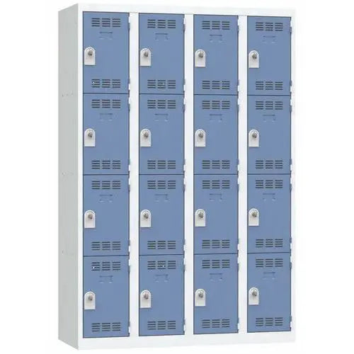 Vestiaire multicases 4 colonnes de 300 mm, 16 cases portes bleues, fermeture à cadenas